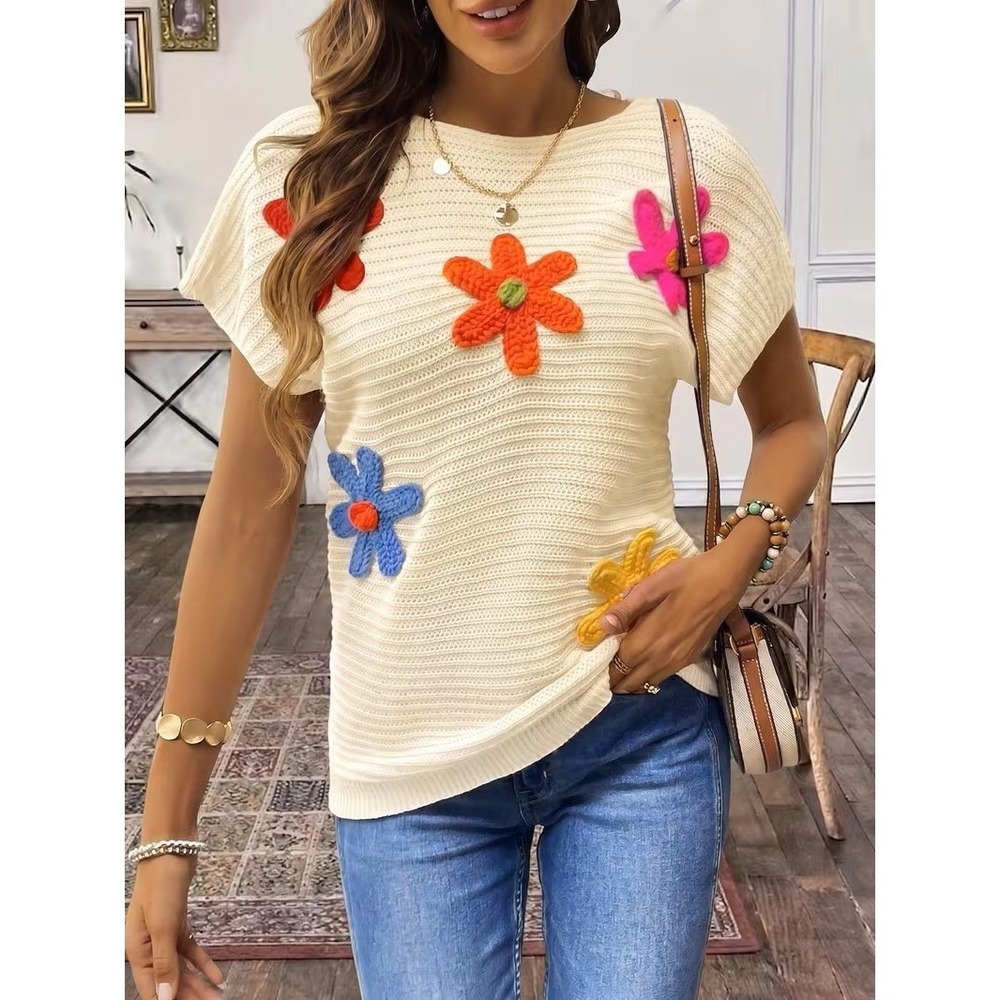 Unbranded Cream Knit Short Sleeve Sweater Top Floral Crochet NEW L